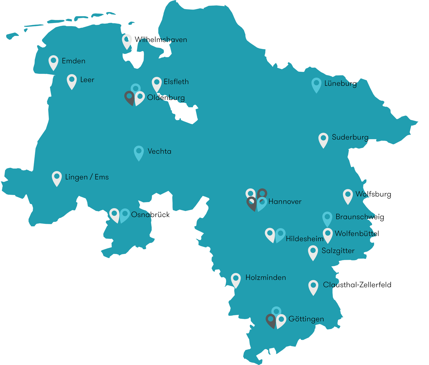 Grafik mit einer Landkarte von Niedersachsen, auf der mit farbigen Pins alle MINT-Hochschulen markiert sind
